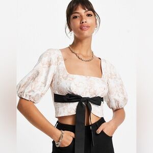 ASOS square neck puff sleeve crop top  contrast tie waist detail in floral print
